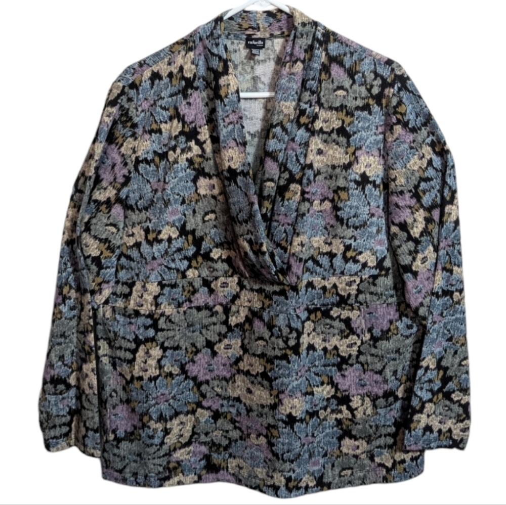 Rafaella womens Sweater like top 2X pull over floral v neck blue w-199